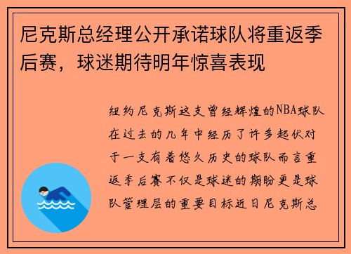 尼克斯总经理公开承诺球队将重返季后赛，球迷期待明年惊喜表现